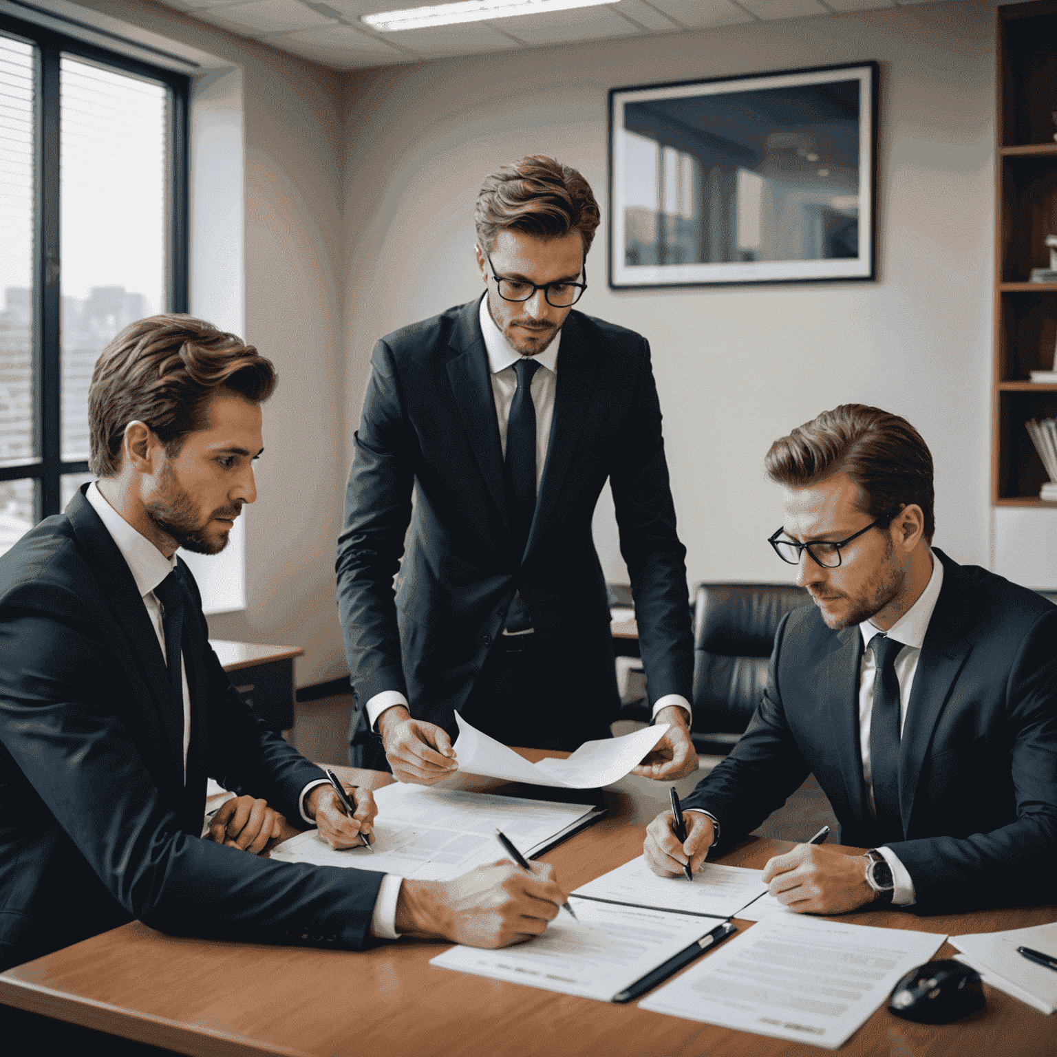Equipo de abogados de Jumorya revisando documentos legales en una sala de conferencias moderna