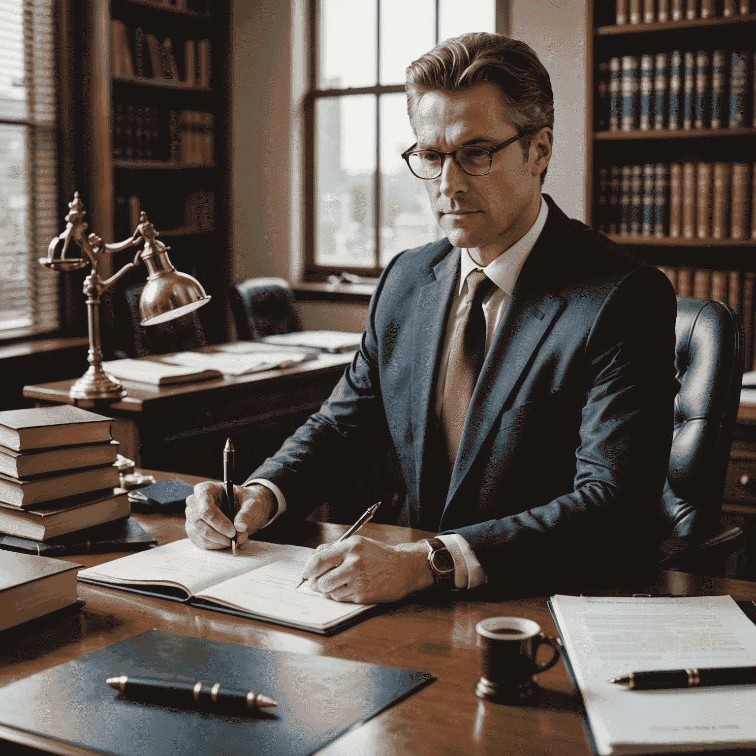 Imagen de un abogado redactando un contrato en su escritorio, rodeado de libros de derecho y utilizando una computadora moderna. El ambiente es profesional y bien iluminado, reflejando la seriedad y competencia en la redacción de contratos legales.