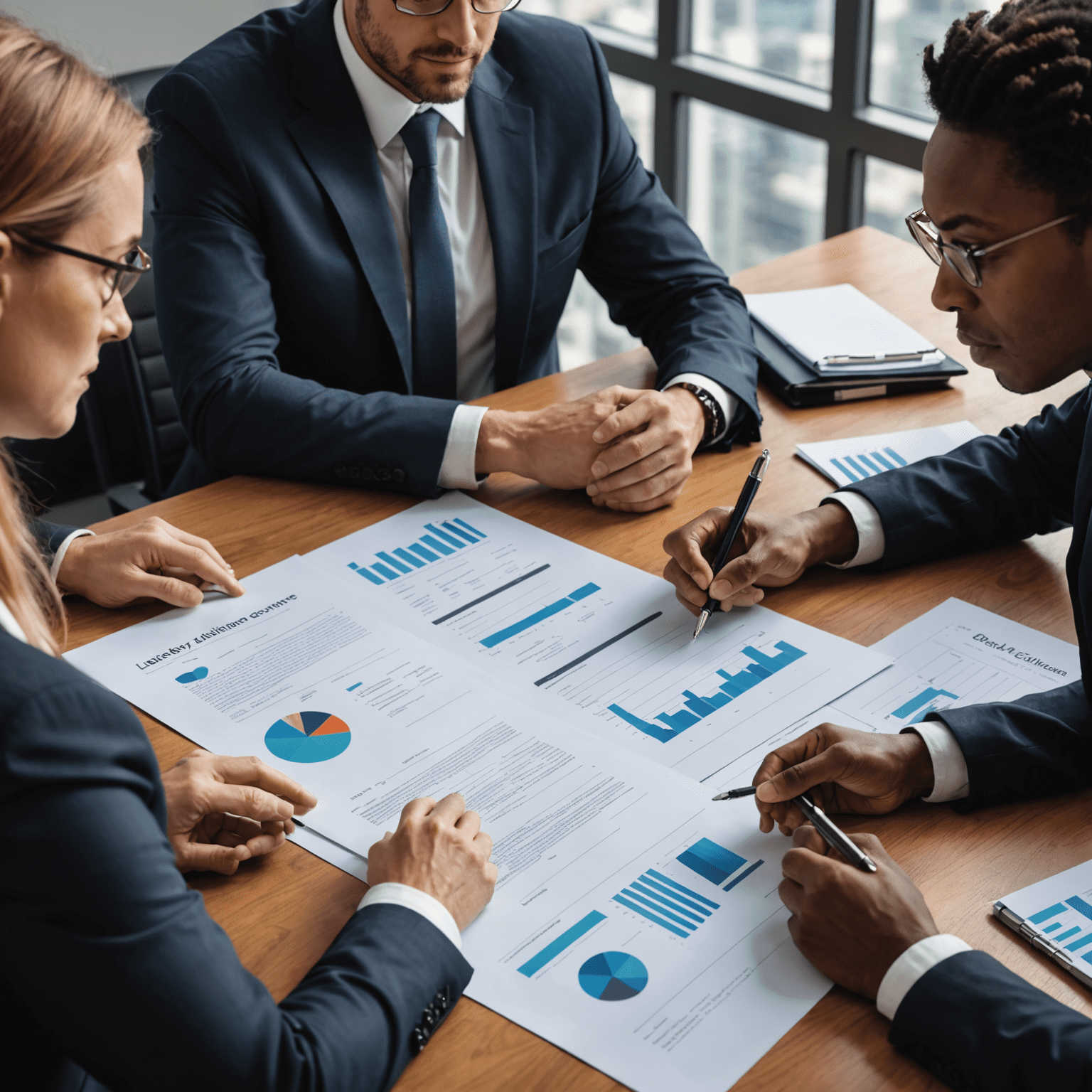 Profesionales legales revisando documentos y gráficos para un proceso de due diligence