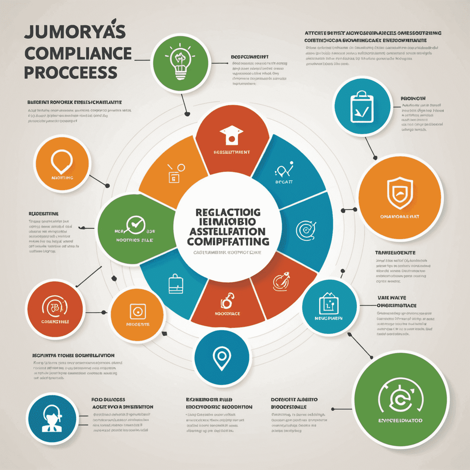 Infografía que muestra los pasos del proceso de cumplimiento regulatorio de Jumorya, incluyendo evaluación inicial, implementación de políticas, capacitación del personal y monitoreo continuo.