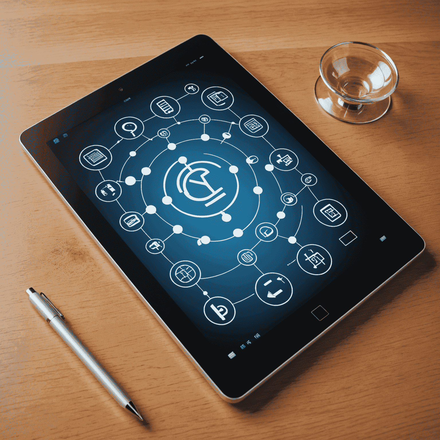 Imagen que muestra una tableta digital con símbolos legales y tecnológicos, representando la intersección de la tecnología y las transacciones legales